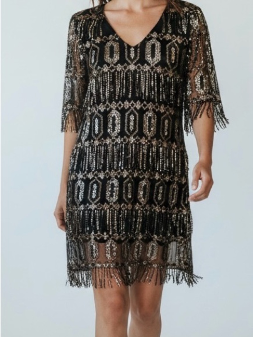 Zara Black and Gold Beaded Fringe geometric /art deco inspired Mini Dress